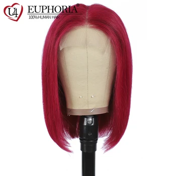 

BURG Red Lace Closure Bob Wigs 4X4 Human Hair Straight Short Wigs Brazilian Non-Remy Lace Closure Frontal Wigs 150% EUPHORIA