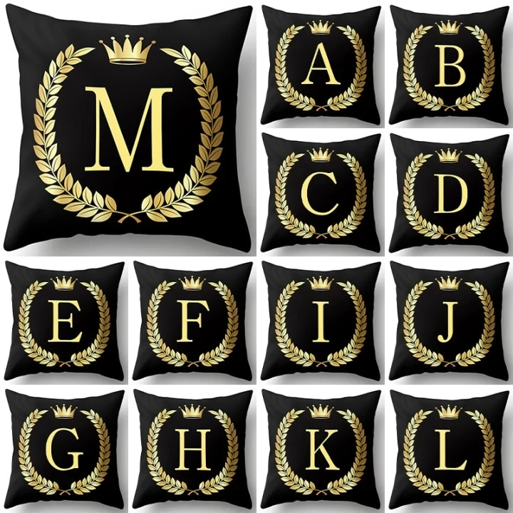 QRST-YZ 1Pc Black Golden Crown Letter New Year Accessories Polyester 45*45cm Cushion Cover Sofa Home Decoration Throw Pillowcase