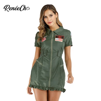 

Reneecho Women Pilot Costume Top Gun Flight Dress Costume Sexy Army Girl Dress Halloween Costume For Adult