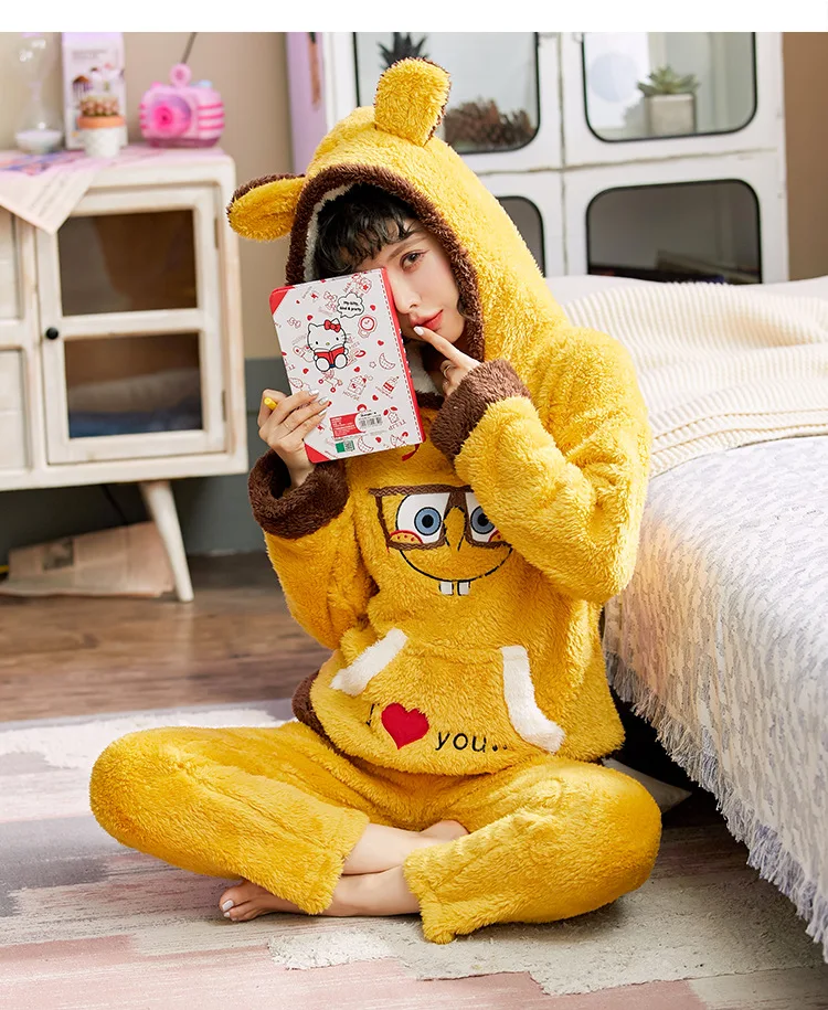 Autumn Winter Womens Pajama Set Thickened Flannel Pajamas Sets Long Sleeve Cartoon Sleepwear Home Wear for Girls Pj Set Pyjams