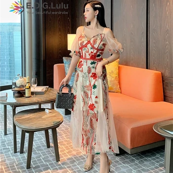 

EDGLuLu V Neck Tulle Elegant Slim Embroidery Floral Lace Dress Women Sexy See Through Maxi Dresses For Women Summer 0412
