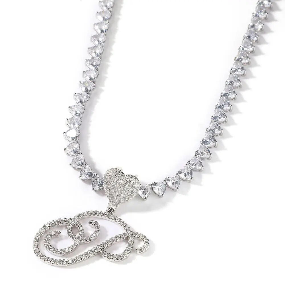 TBTK Cursive Initial Letter A-Z Heart Clasp With 7mm Vintage Heart Tennis Chain Iced Out CZ Charm Necklace Hiphop Jewelry