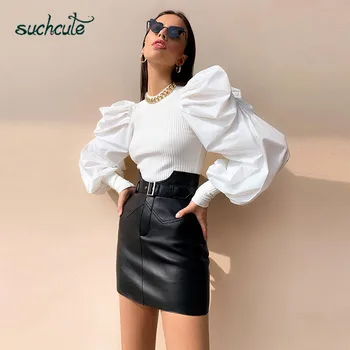 

SUCHCUTE Long Puff Sleeve Women's T-Shirts Patchwork Elegant Streetwear Shirts Autumn Winter 2019 Korean Style Casual Female Top