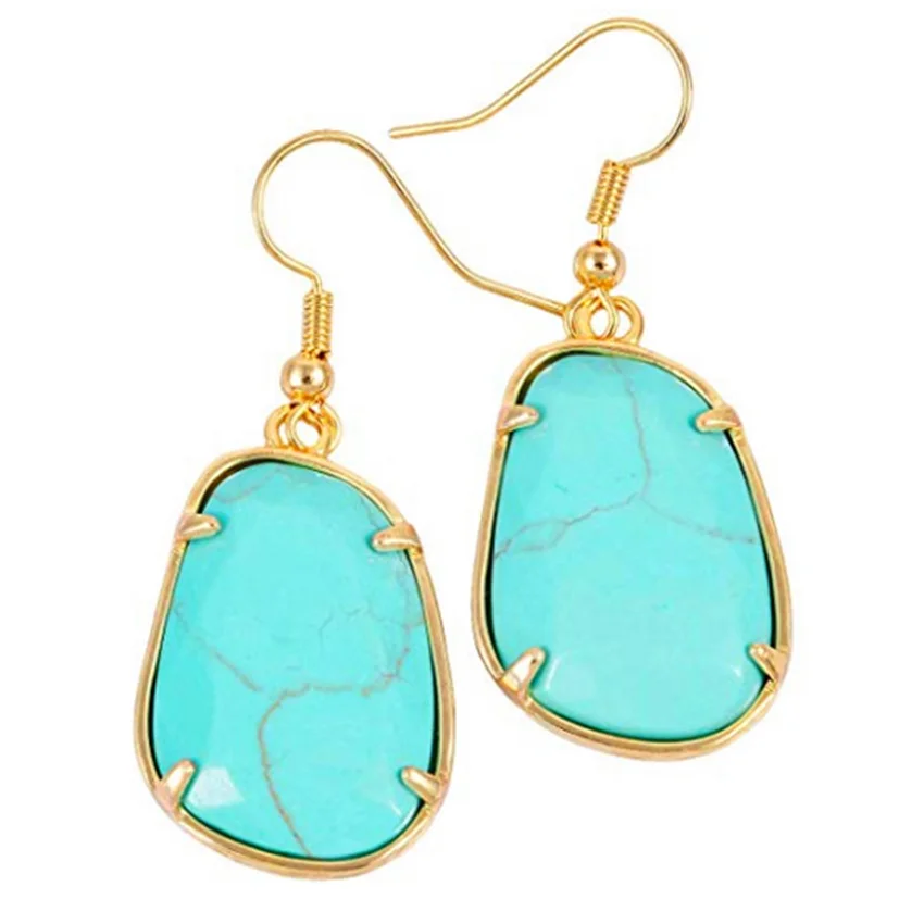 

FYJS Unique Light Yellow Gold Color Irregular Shape Trapezoid Green Turquoises Stone Drop Earrings Trendy Jewelry