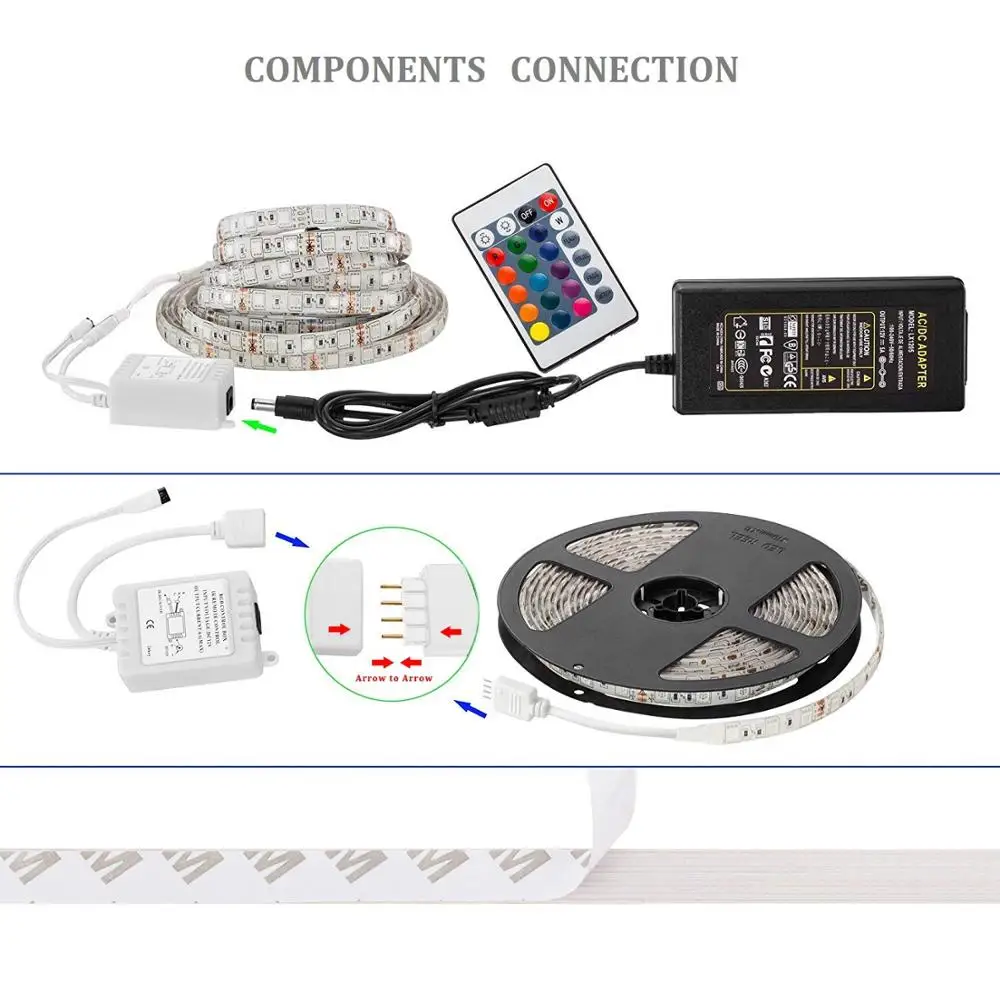 RGB Strip Lights 16.4 ft/5M 5050SMD 300pcs LEDs Waterproof Flexible Light IR Remote Controller DC 12V Power Adapter P | Лампы и