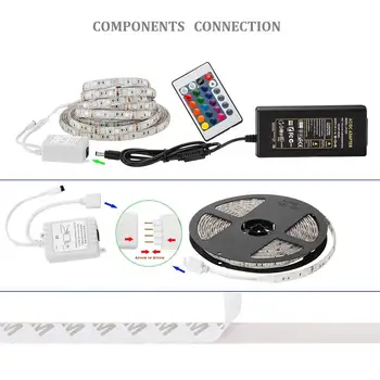 

RGB Strip Lights,16.4 ft/5M, 5050SMD 300pcs LEDs, Waterproof Flexible Strip Light, IR Remote Controller, DC 12V Power Adapter P
