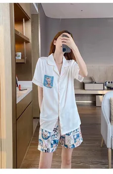

Pajamas Women's Ice Silk Short-sleeved Shorts Two-piece Suit Summer Thin Cute Simulation Silk Home Clothing