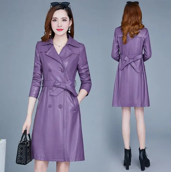 purple 100 cm legnth Женская куртка из овчины, искусственная кожа, пояс, готический черный Тренч, быстрая стирка, Осень-зима, двубортное пальто размера плюс, хлопковое пальто - Цвет: purple 100 cm legnth