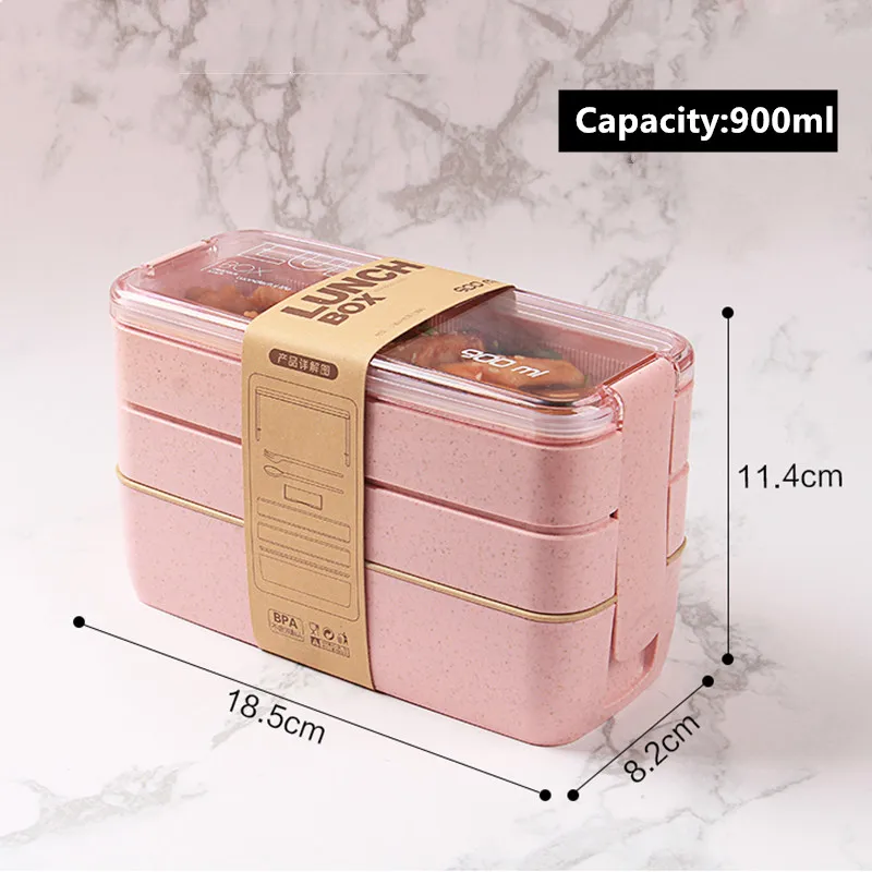 900ml Healthy Material Lunch Box 3 Layer Wheat Straw Bento Boxes Microwave Dinnerware Food Storage Container Lunchbox 6