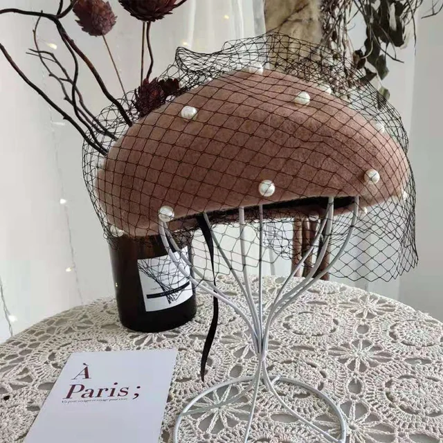 Chic Wool Blend Vintage London Beret With Veil Mesh Show Double Layer Women Beret Beanies Cap For Ladys Banquet Brown
