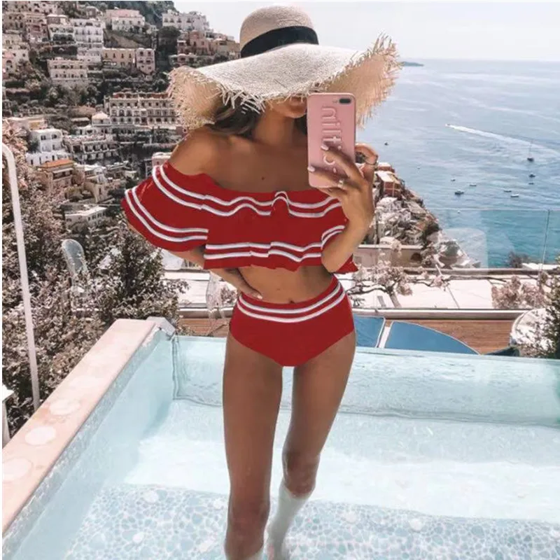 

Sexy Shoulder Women Bikini Set Ruffles Female Bikini Set Padded Bath Stripes Bather Swimsuit Waist Swimsuit Female Swimwear