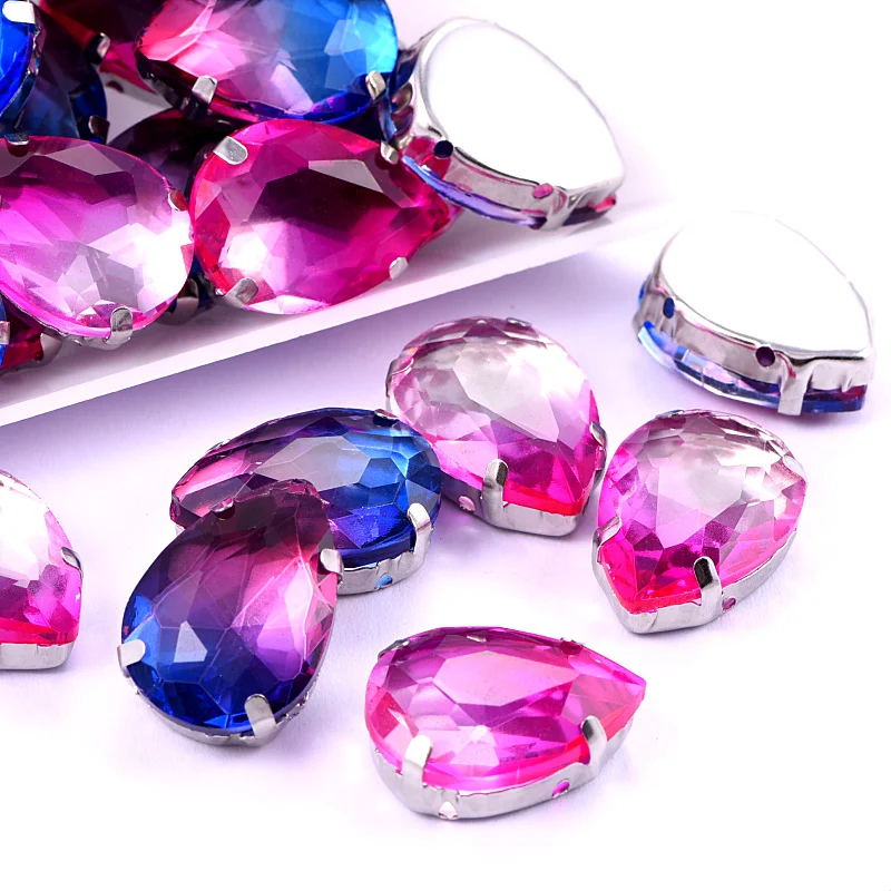 

2 Tourmaline Colors Teardrop 13x18mm Sew On Rhinestones With Claw Glittering 4 Holes Sewing Stones For DIY Clothes B1276