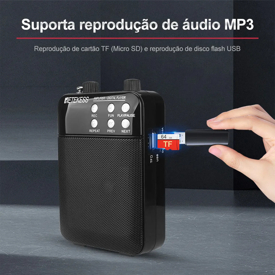 Retekess-megafone tr619, portátil, 3w, gravação fm, amplificador