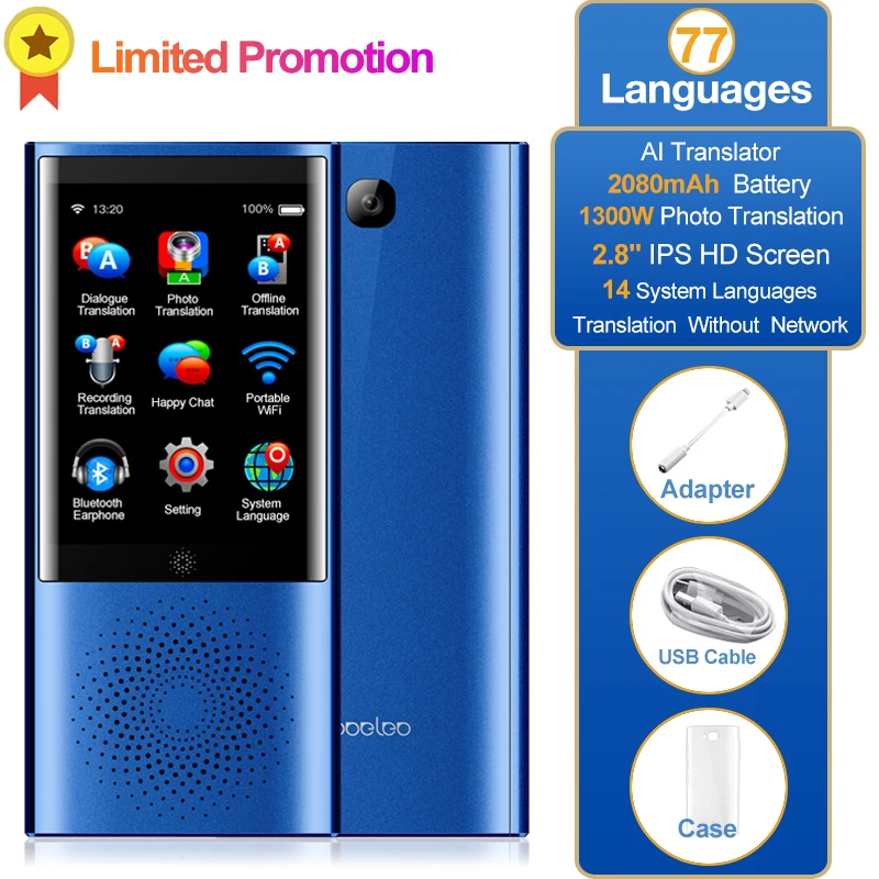 

Boeleo W1 AI Voice Photo Instant Translator 4G WIFI 8GB Memory 2.8" Screen 2080mAh 77 Languages Travel Business OTG Translation