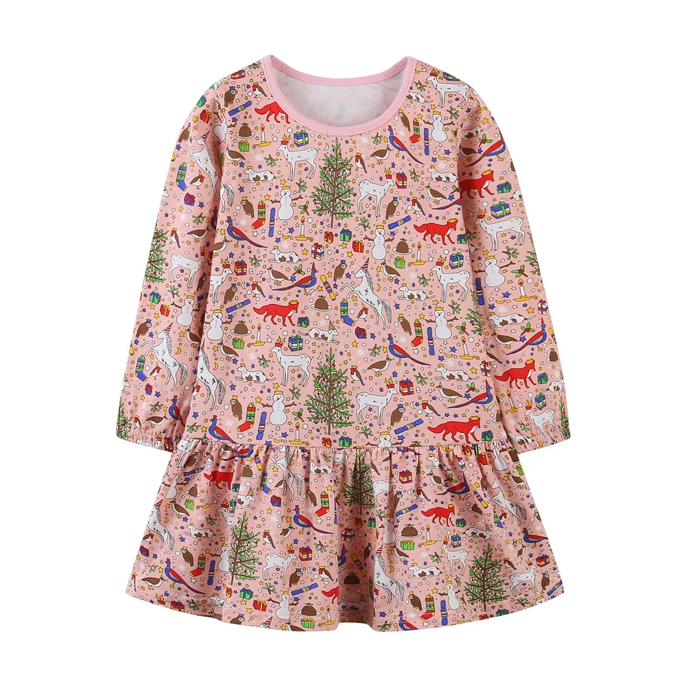 Funnygame New Arrival Long Sleeve Animals Ducks Print Cotton Girls Dresses for Autumn Spring Children's Clothing Pockets Dress | Детская