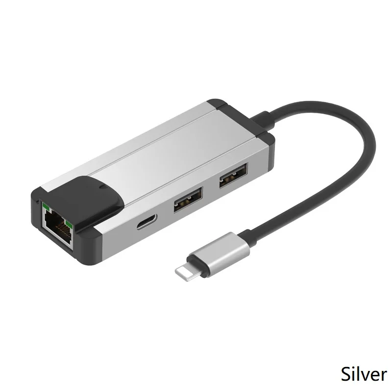 Silver Адаптер Lightning HUB Ethernet, карта RJ45 для iPhone iPad, 2 USB порта, адаптер синхронизации данных для зарядки клавиатуры мышь iOS 13 12 - Цвет: Silver
