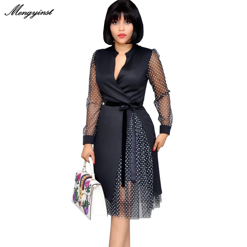 

Summer Mesh Dot Logn Sleeve Dress Women 2020 Sexy V-neck Collar Bodycon Office Lady Elegant Dresses Female Patchwork Belt Dress