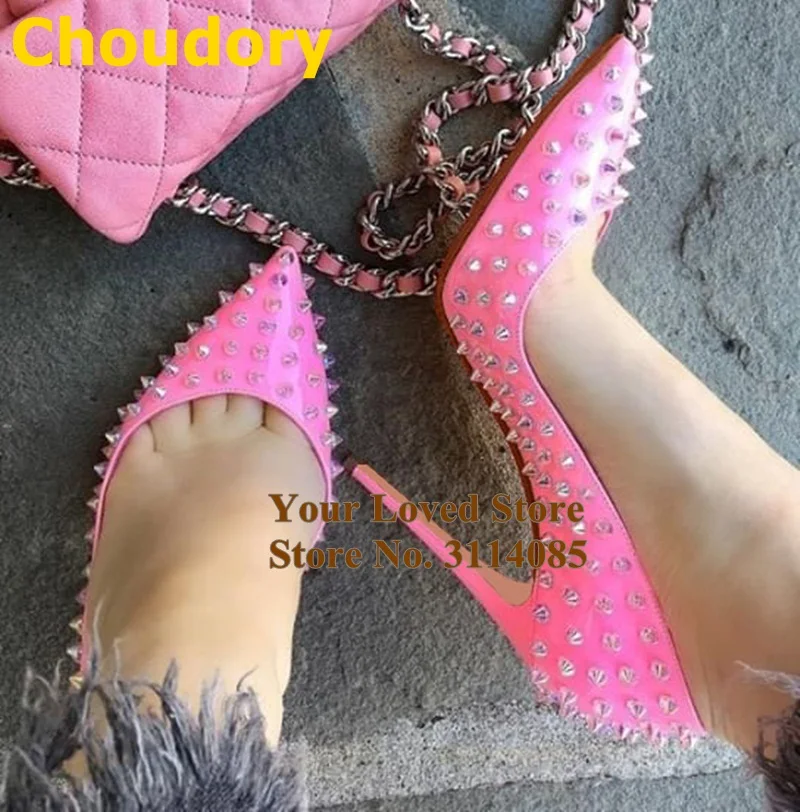 粉色漆皮水晶彩色全柳钉尖头单鞋 (3)