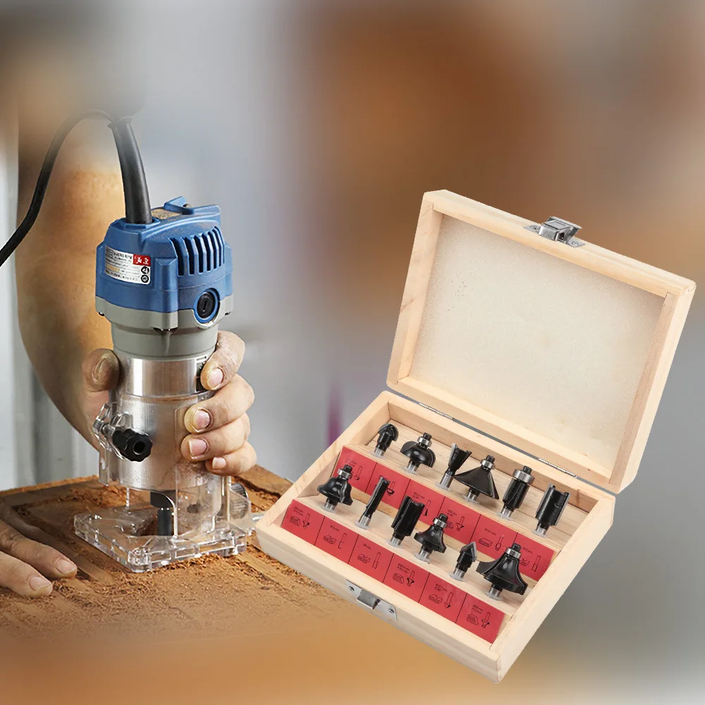 6mm 12pcs Woodworking Tools Carbide Cutters Router Bit With Wrench Milling Cutter Woodworking Tool For Electric Hand Trimmer