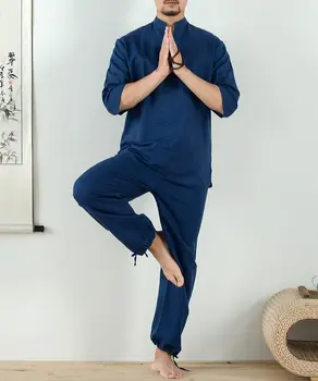 

high quality male Cotton&linen yoga suit lay meditation clothing taiji uniforms tai chi kung fu clothes blue/red/khaki