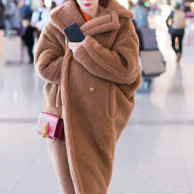 Женская Высококачественная дизайнерская женская зимняя шубка на меху с длинными рукавами из искусственной овечьей шерсти куртка с показа однобортная утепленная Свободная верхняя одежда