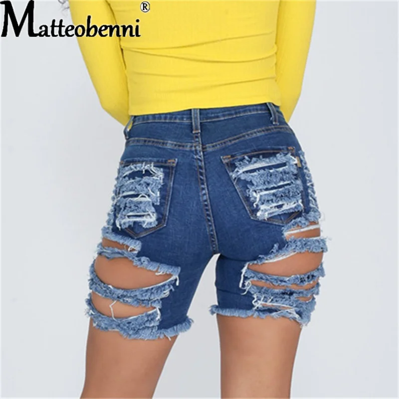 Summer Light Blue Ripped Cut Out Denim Shorts With Tassel Women Streetwear High Waist Hollow Out Sexy Hole Jean Shorts