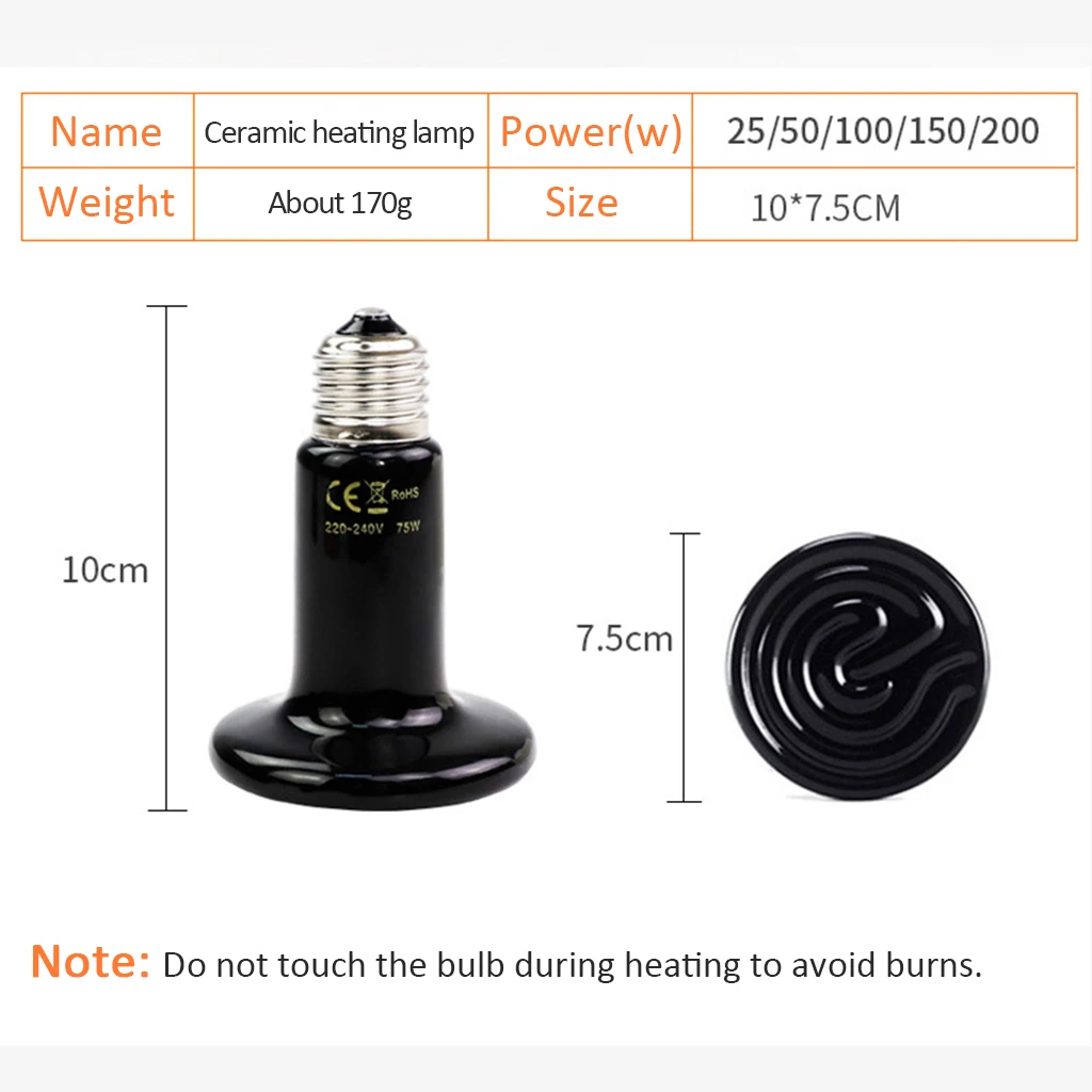 Pet Reptile Heating Lamp 50 75 100 150 200W Turtle Ceramic Infrared Lamp Reptile Bulb Temperature 4
