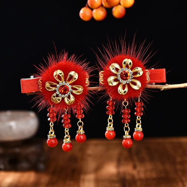 2 Pcs/Set Children Cute Pearl Hair Ball Bow Pendant Ornament Hair Clips Girls Lovely New Year Hairpin Kids Hair Accessories 18-2 Pcs