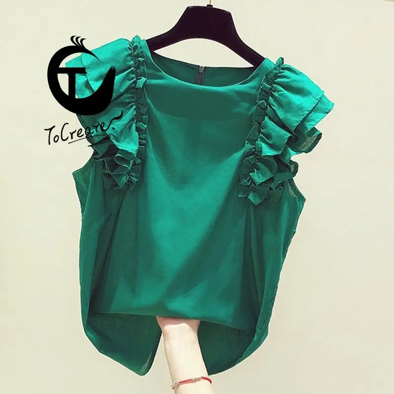 

Spring and Summer Korean Chiffon Blouses for Women Temperament Ruffled round Neck Pullover Shirt Female Casual Shirt Fashion