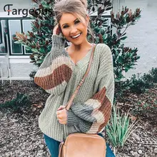 Женский осенний свитер с v-образным вырезом размера плюс, зима, пэчворк, свободный рукав-фонарик, уличная одежда, полосатый джемпер, Женский пуловер