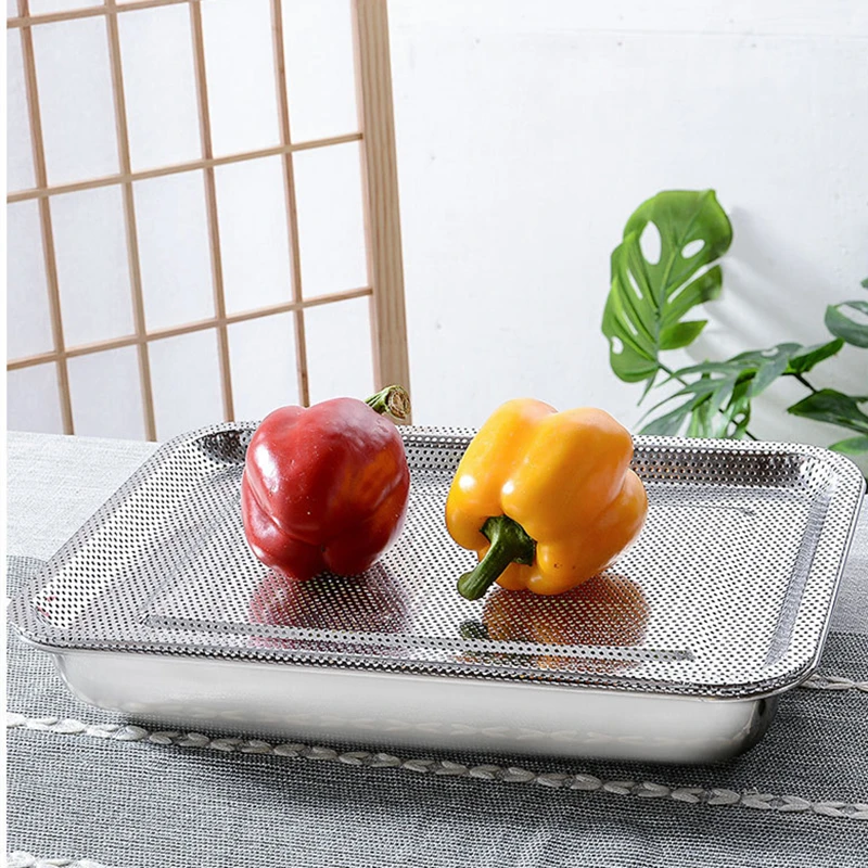 Thickened Stainless Steel Dense Hole Drain Tray Rectangle Frying Oil Filter Pan Fruit Vegetable Storage Dish Kitchen Accessories 3