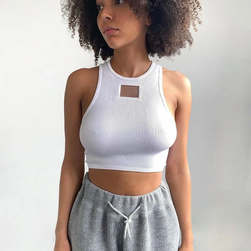2021 Summer Sexy Hollow Out Ribbed Cropped Tank Tops Athleisure Fashion Basic Hollow Out White Crop Top Women Club Wear Outfits 3