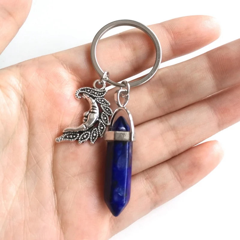 Natural Stone Hexagonal Column Keychain For Women Pink Quartz Crystal Stone Key Chains With Sun Moon Charms Trinket Couple Gift - Цвет: Blue Moon