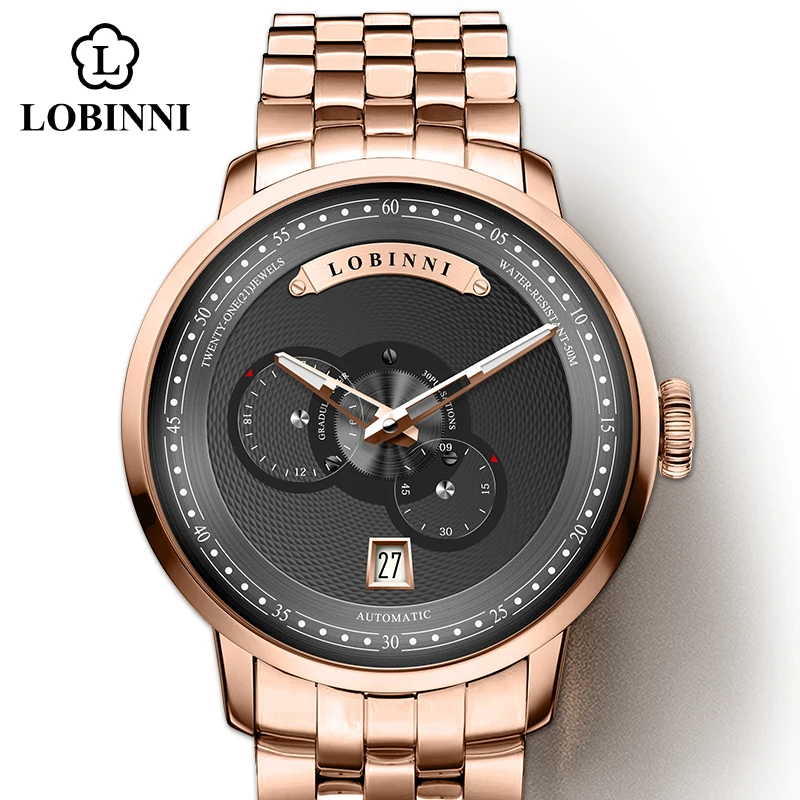 Rose-Black-rose-r Швейцарские LOBINNI люксовый бренд Япония MIYOTA автоматический самоветер механические движение человек часы водонепроницаемые 50 м мужские наручные часы - Цвет: Rose-Black-rose-r