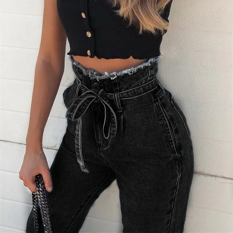 Женские винтажные джинсы с высокой талией, тянущиеся обтягивающие джинсовые женские узкие брюки с кисточками, длина по щиколотку, узкие брюки на молнии - Цвет: black
