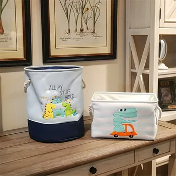 

Cute Cartoon Embroidery Canvas Linen Dinosaur Cartoon Canvas Storage Basket Folding Laundry Basket Dirty Clothes Organizer