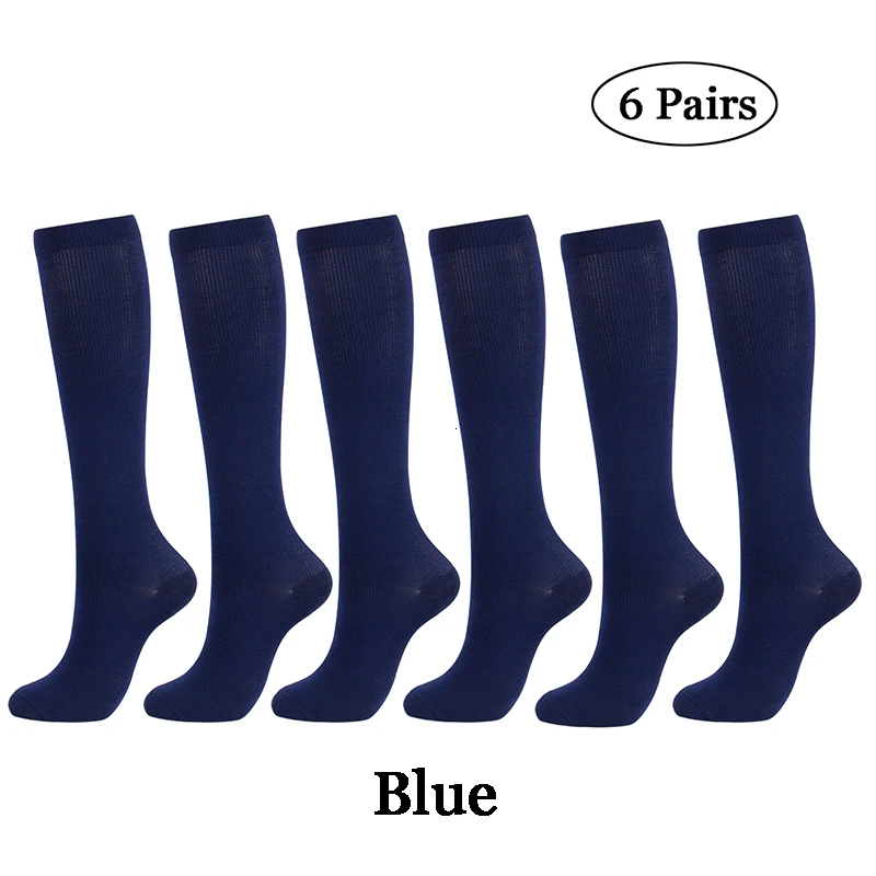 6 пар/лот, белые, черные, серые компрессионные чулки, Компрессионные носки для ног, унисекс, 15-20 мм рт. Ст., для бега, нейлоновые, для мужчин и женщин, спортивные - Цвет: 6 pairs blue