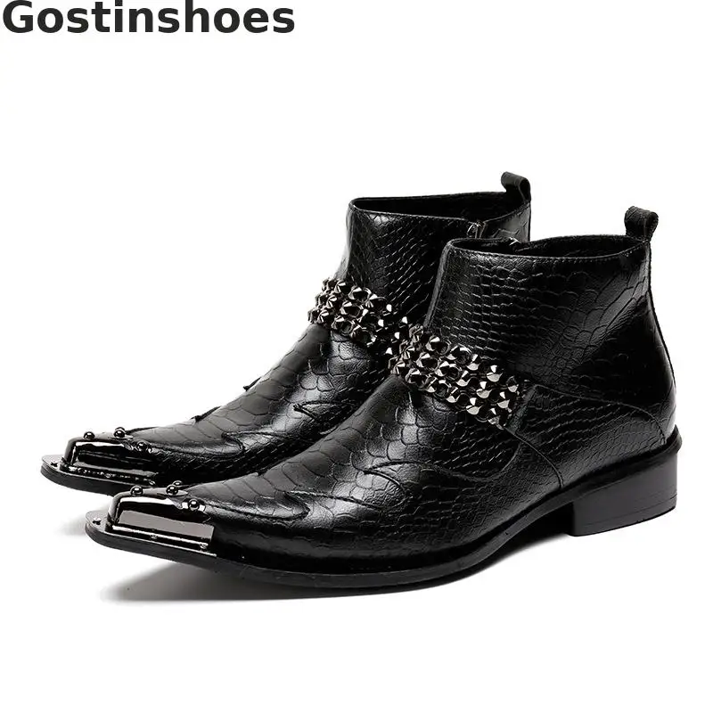 

Men Boots Black Genuine Leather Snake Skin Printed Chains Decoration Golden Metal Capped Toe Men Short Ankle Boots For Men