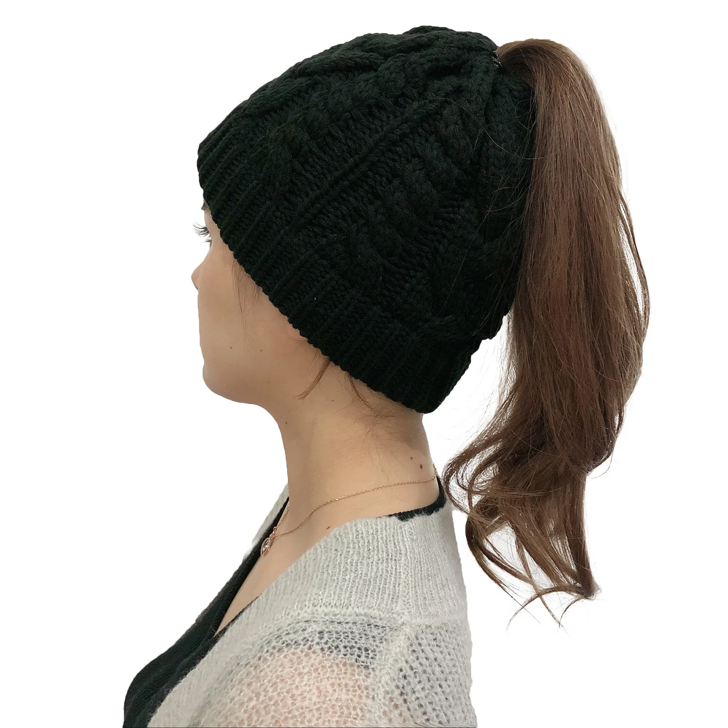 Womens Ponytail Winter Beanie Hat Warm Knit Messy Bun Ponytail Skull Cap Faux Fur Pom Pom Beanie