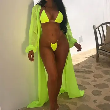 

Solid Color Sexy Three-piece Swimsuit Set Long Sleeve Blouse Cupshe Bikini Biquini Bathing Suit Women Omighty Beachwear