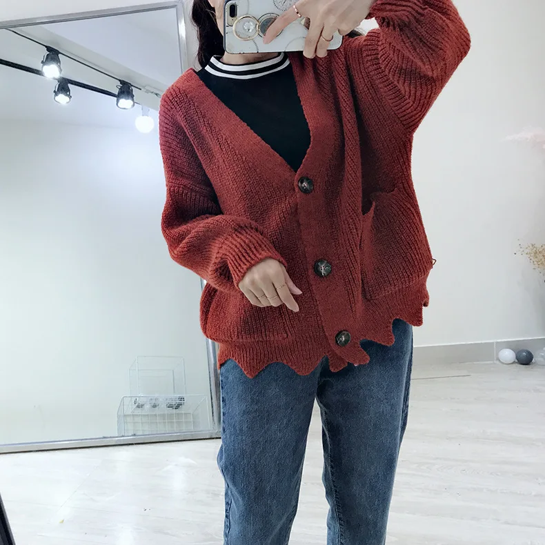 Womens Casual V Neck Oversized Knit Cardigan Sweater With Pockets Ladies Loose Jumpers Outwear Autumn Winter Pull Femme Q9311