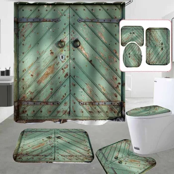 

Retro Old Wood Door Shower Curtain Bath Mat Set Waterproof Fabric Bathroom Curtain Set Rug Lid Toilet Cover Home Decor