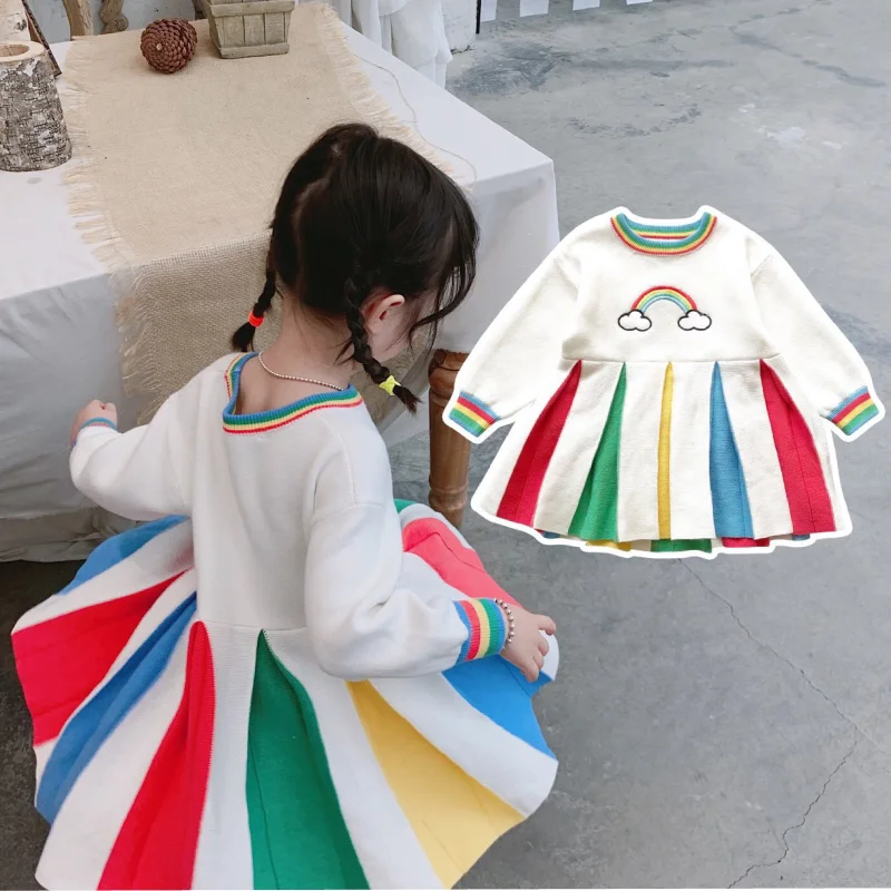Детская одежда; осенне-зимняя одежда для девочек в западном стиле; трикотажное платье с вышивкой радуги; свитер; платье принцессы для малышей