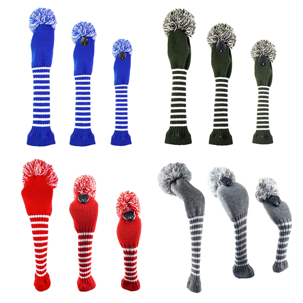 3pcs Golf Club Knit Headcover Set Pom Pom Sock Covers 1 3 UT Head Covers Set