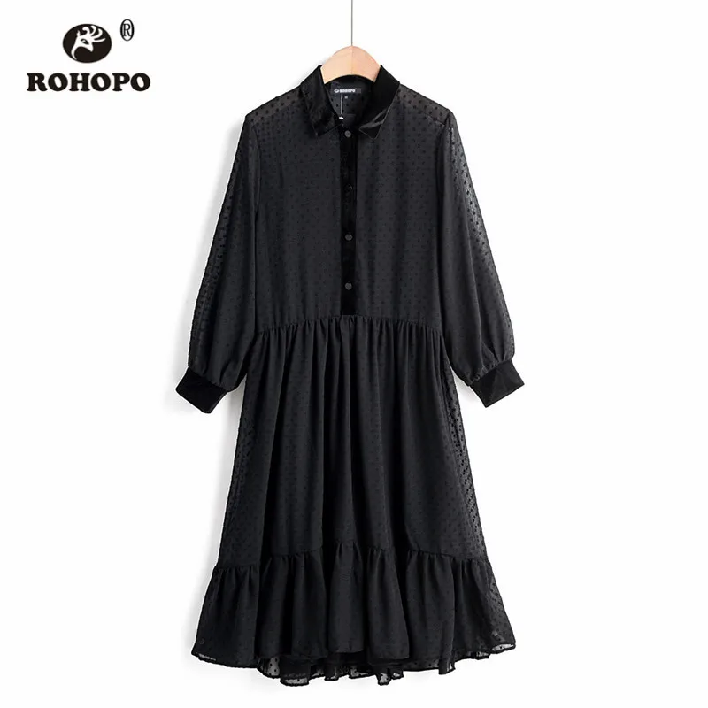 

ROHOPO Velvet Turn Down Collar Top Buttons Fly Embroidery Polk Dot Black Midi Dress Long Sleeve Ruffled Maxi Vestido #269