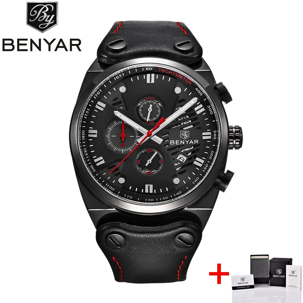black black red BENYAR спортивные часы с большим циферблатом, мужские водонепроницаемые уличные военные часы с хронографом, кварцевые часы с кожаным ремешком, армейские мужские часы, мужские часы - Цвет: black black red