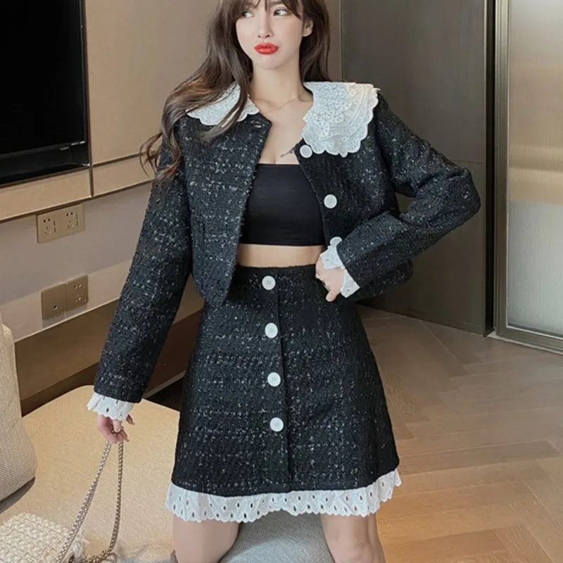 

Autumn Winter Korean Ladies Vintage Skirt 2 Piece Set Tweed Jacket Coat + Bodycon Mini Skirt Suits Elegant Two Piece Set Women