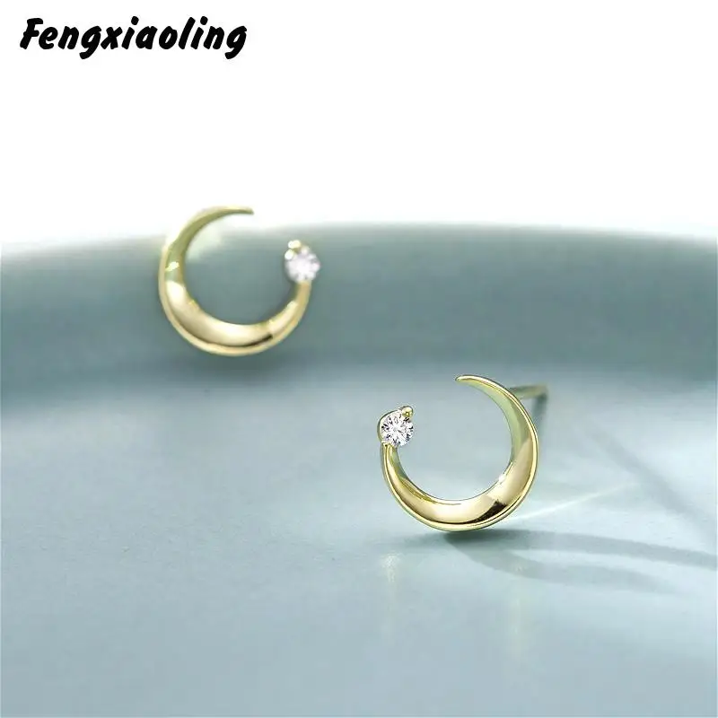 

Fengxiaoling 100% 925 Sterling Silver Simple Moon Mosaic Zircon Earrings For Women Small Cute Stud Earrings Fine Jewelry