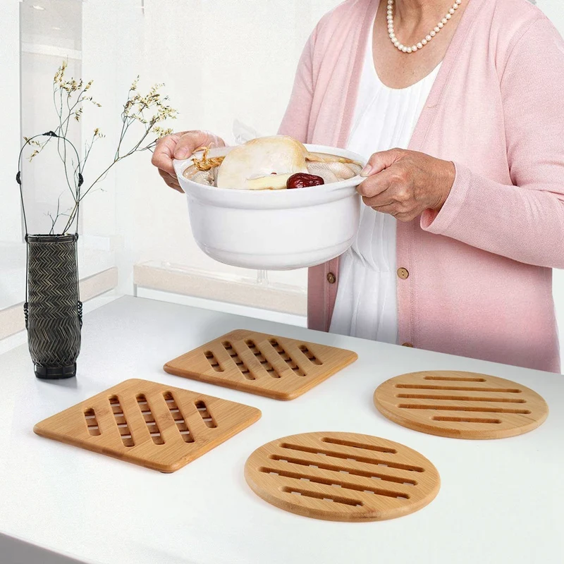 Heat Resistant Non-Slip Bamboo Trivets Pot Mat for Kitchen Table- 4Pcs Hot Pan Pads(15cm