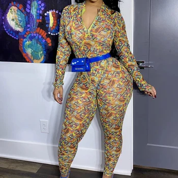 

Fashion Printed Long Sleeve Rompers Womens Jumpsuit Zipper V Neck Skinny Fit Casual One Piece Overalls Streetwear